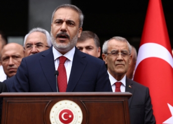 Turkey's newly appointed Foreign Minister Hakan Fidan speaks during a handover ceremony in Ankara, Turkey June 5, 2023. REUTERS/Cagla Gurdogan