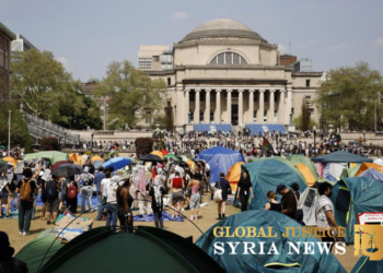 Protest encampment on the Columbia University campus, 2024