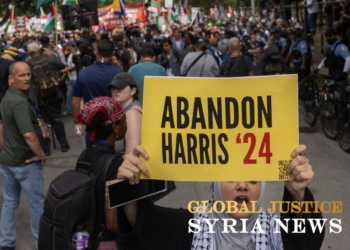 A protester holds a sign reading 'Abandon Harris' as she marches with others at Democratic National Convention before the start of event in Chicago, Illinois, on 19 August 2024 (Christian Monterrosa/AFP)