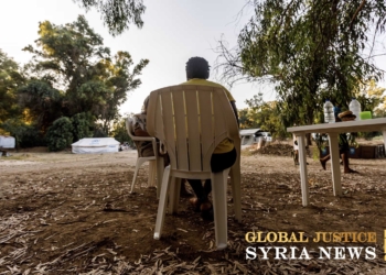 A woman interviewed in the UNHCR’s temporary refugee camp in the buffer zone between Cyprus’s partitioned north and south. Photograph: Kostas Pikoulas/The Guardian